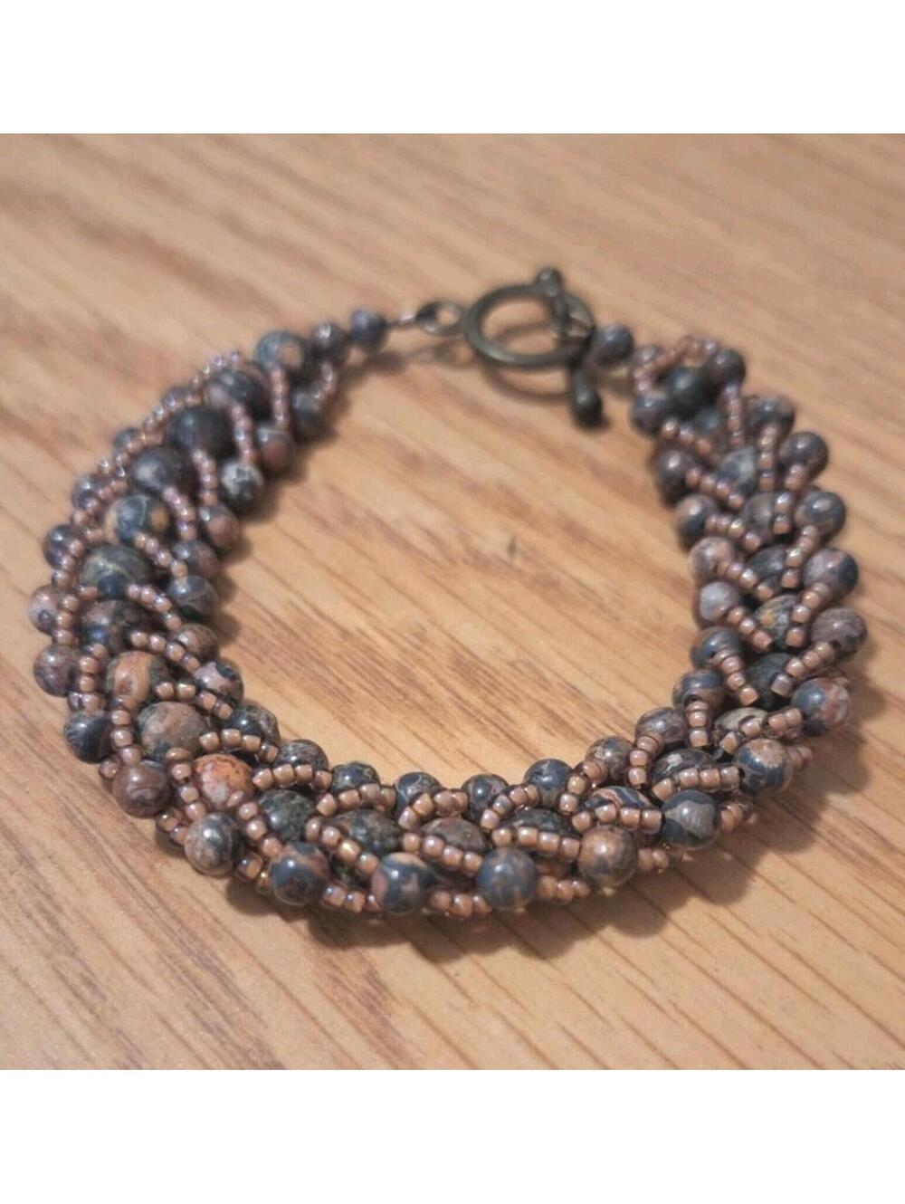 Artisan Woven Natural Jasper Bead Bracelet Copper Seed Bead Spiral Rope 7.25"